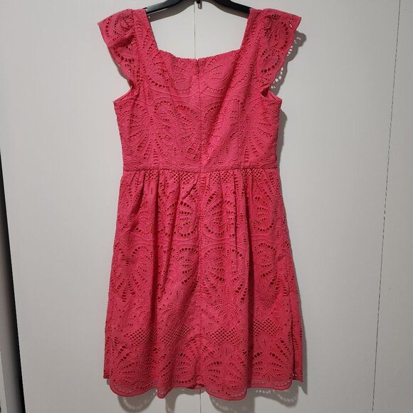 Talbots Cap Sleeves Colorful Bright Pink Cotton Eyelet Feminine Dress Size 10 - Picture 9 of 9